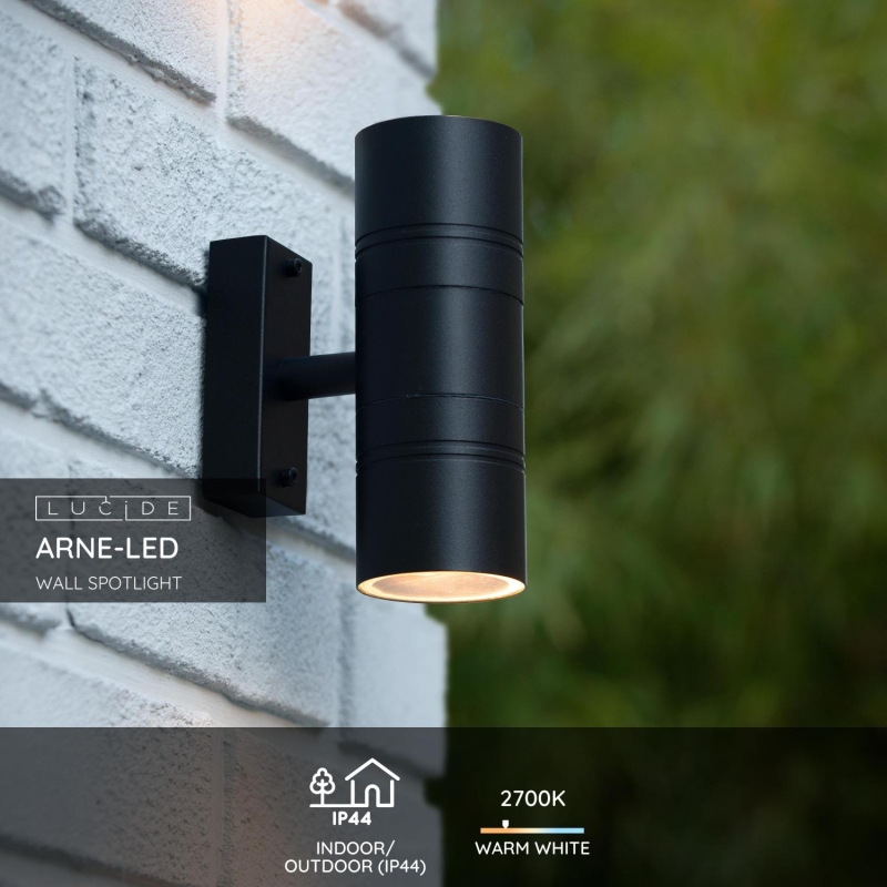 Lucide ARNE-LED - Vonkajšie nástenné bodové svietidlo - Ø 6,3 cm - LED - GU10 - 2x5W 2700K - IP44 - Čierna